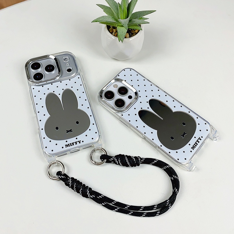 Cute Cartoon Wrist Strap Silicone Case - Luxuriöser Make-up-Spiegel, niedliche Cartoon-Miffy-Polka-Dots-Handyhülle für iPhone