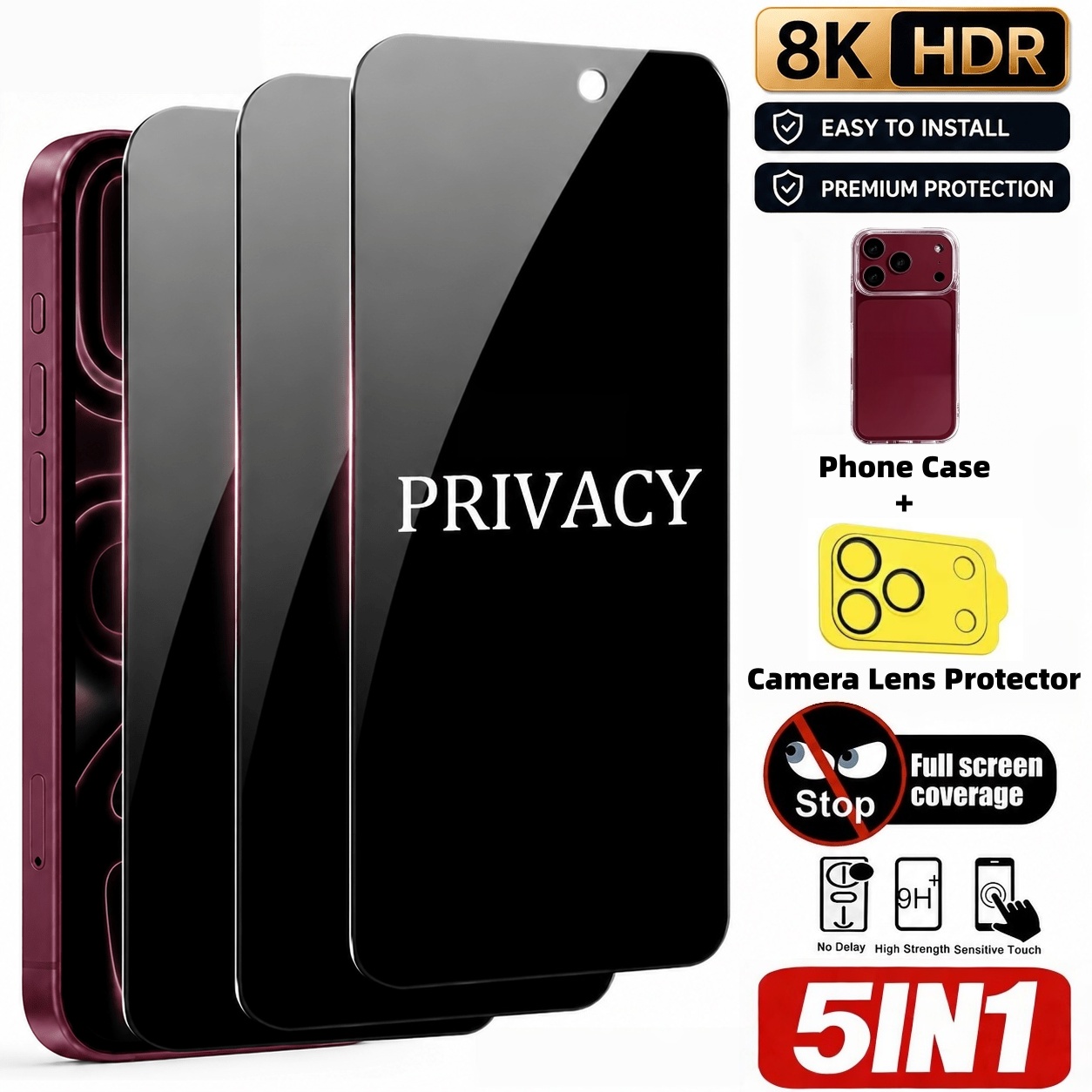 Anti Spy Privacy Glass Case - [5-teiliges Set] 3 Stück Sichtschutz-Displayschutzfolien aus