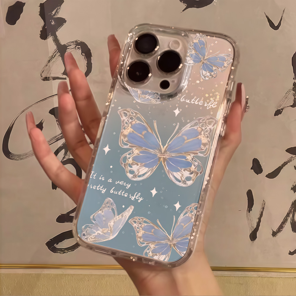 Clear Shockproof Bumper Case - Luxuriöse Blaue Schmetterling Glitzer Handyhülle für